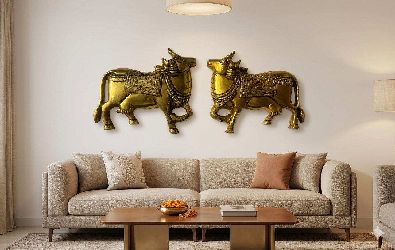 Brass Kaamdhenu Cow Wall Hanging | Set of 2 | Handcrafted Antique Gold | Vastu Home Décor