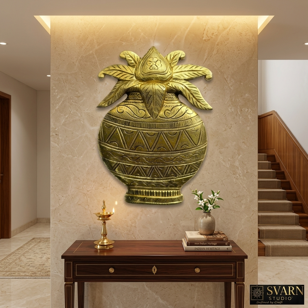 Svarn Studio Brass Purna Kalash Wall Decor Plate - Lifestyle shot in luxury foyer with modern console and Ganesha painting