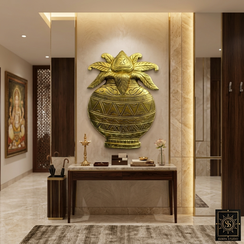 Svarn Studio Brass Purna Kalash Wall Decor Plate - Lifestyle shot in luxury foyer with marble wall and ritual offerings table