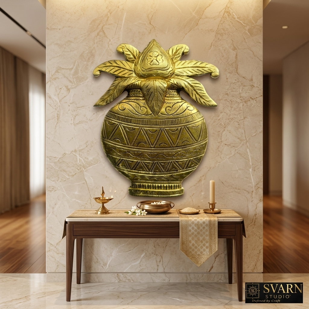 Svarn Studio Brass Purna Kalash Wall Decor Plate - Four lifestyle settings collage including foyer, pooja room, living room, and office reception