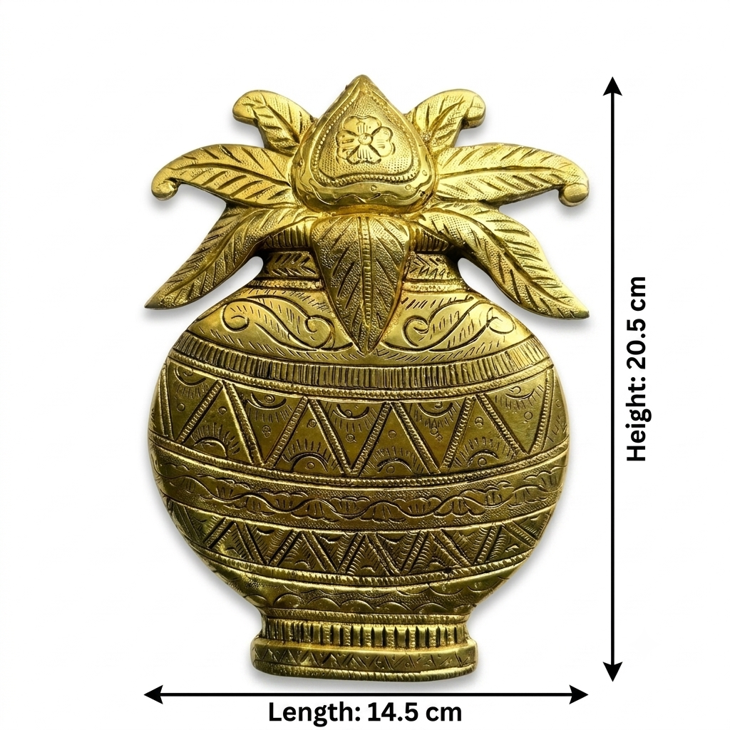 Svarn Studio Brass Purna Kalash Wall Decor Plate - Measurement diagram showing 14.5cm length and 20.5cm height