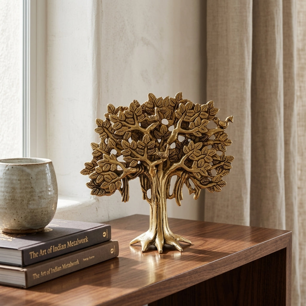 Brass Kalp Vriksh with Bird | Tree of Life Showpiece | Handcrafted Antique Finish
