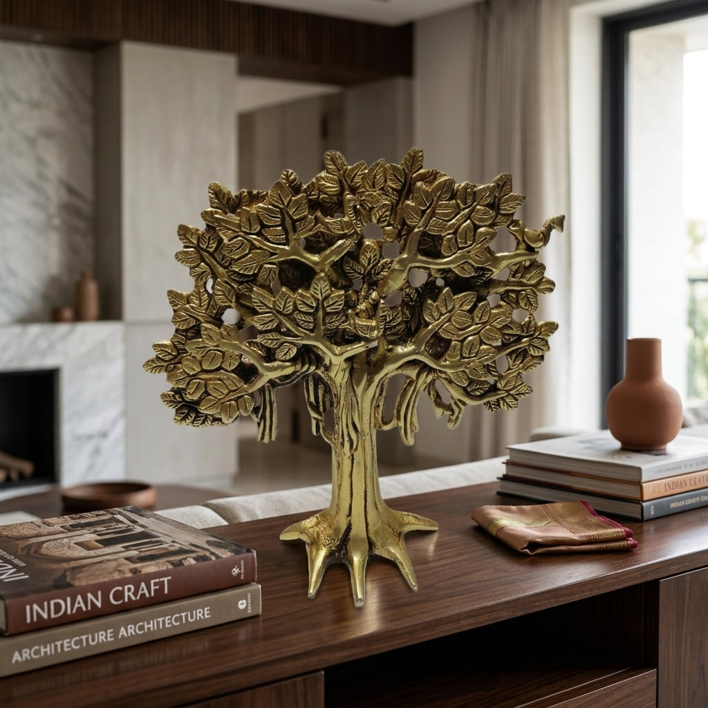 Brass Kalp Vriksh with Bird | Tree of Life Showpiece | Handcrafted Antique Finish