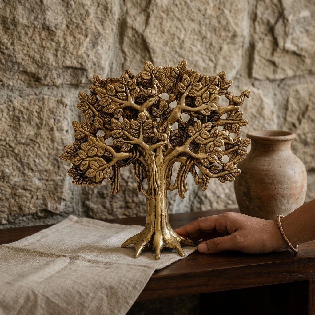 Brass Kalp Vriksh with Bird | Tree of Life Showpiece | Handcrafted Antique Finish