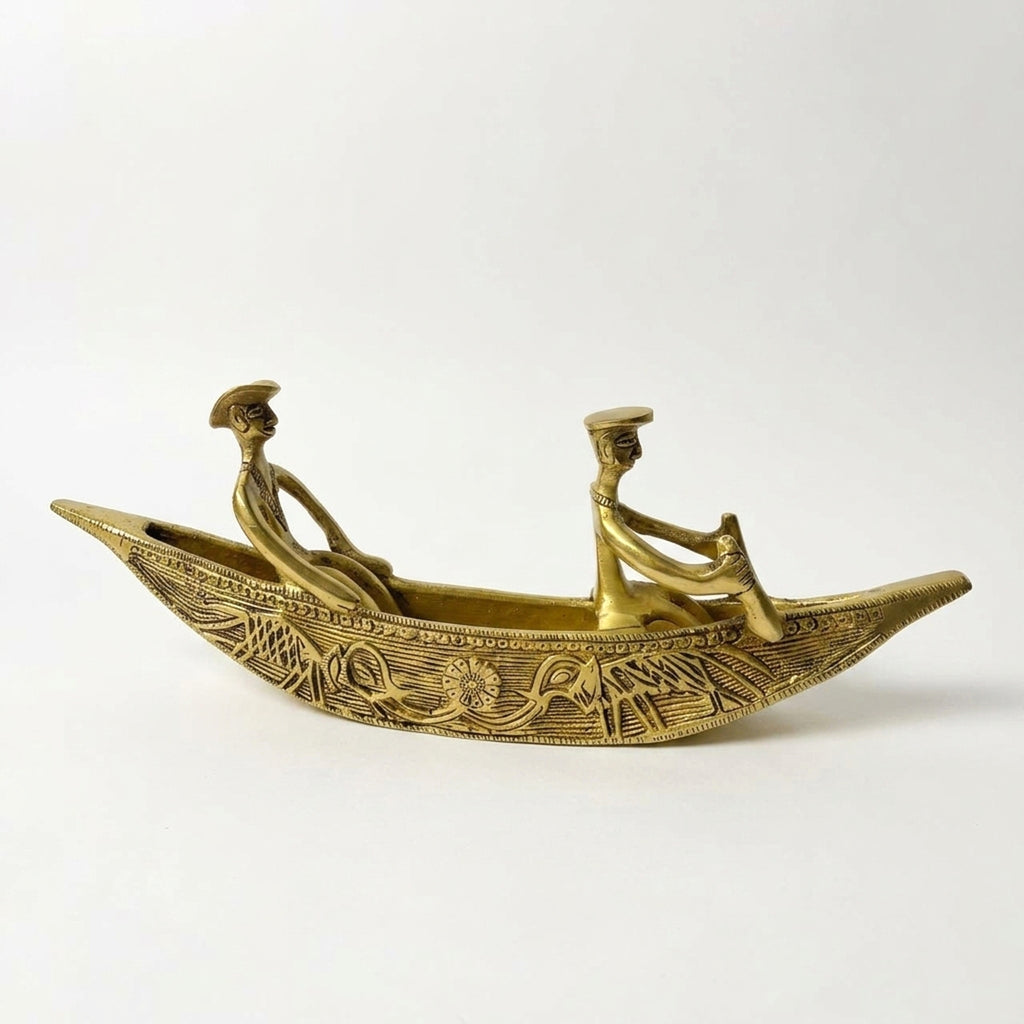 Svarn Studio Pure Brass Kerala Boat Decor Showpiece - Lifestyle collage showing Luxury Living Room and Executive Office settings