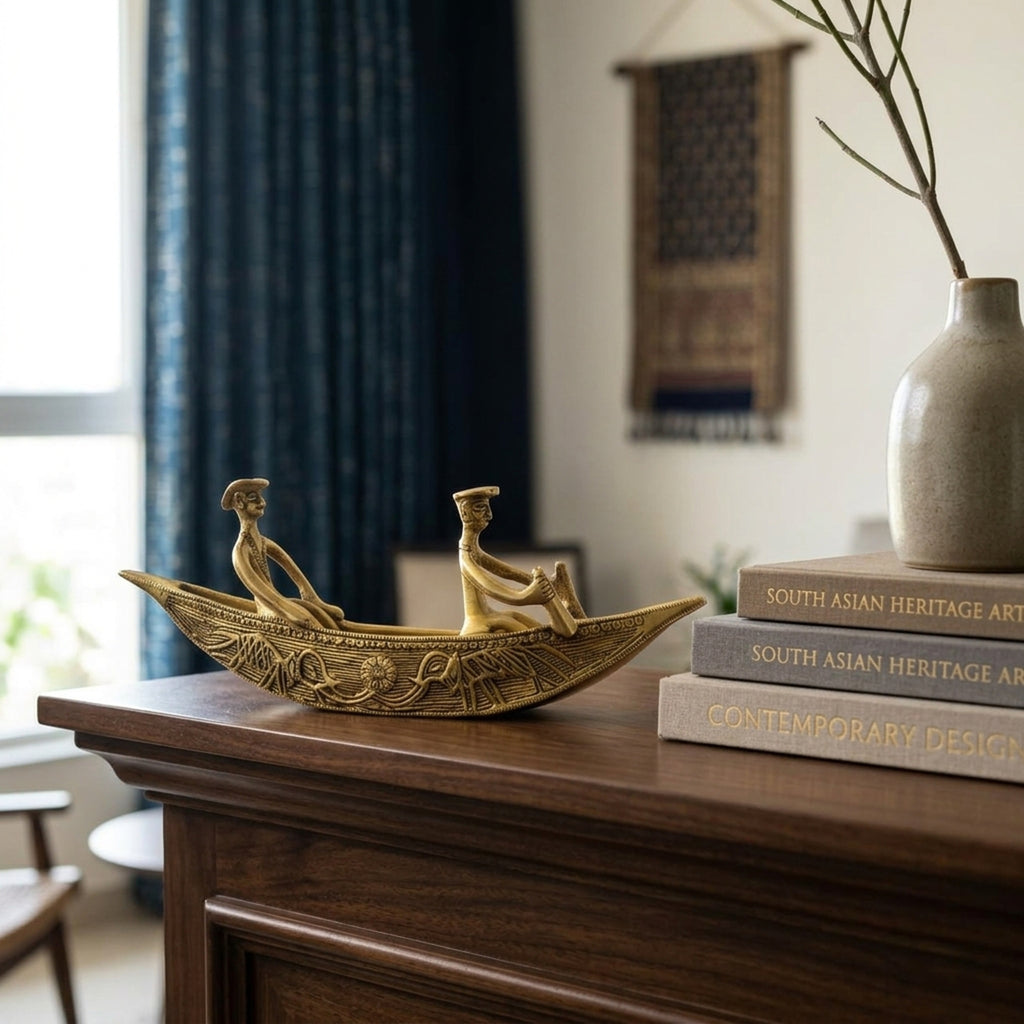 Svarn Studio Pure Brass Kerala Boat Decor Showpiece - Lifestyle collage showing Living Room and Executive Desk settings