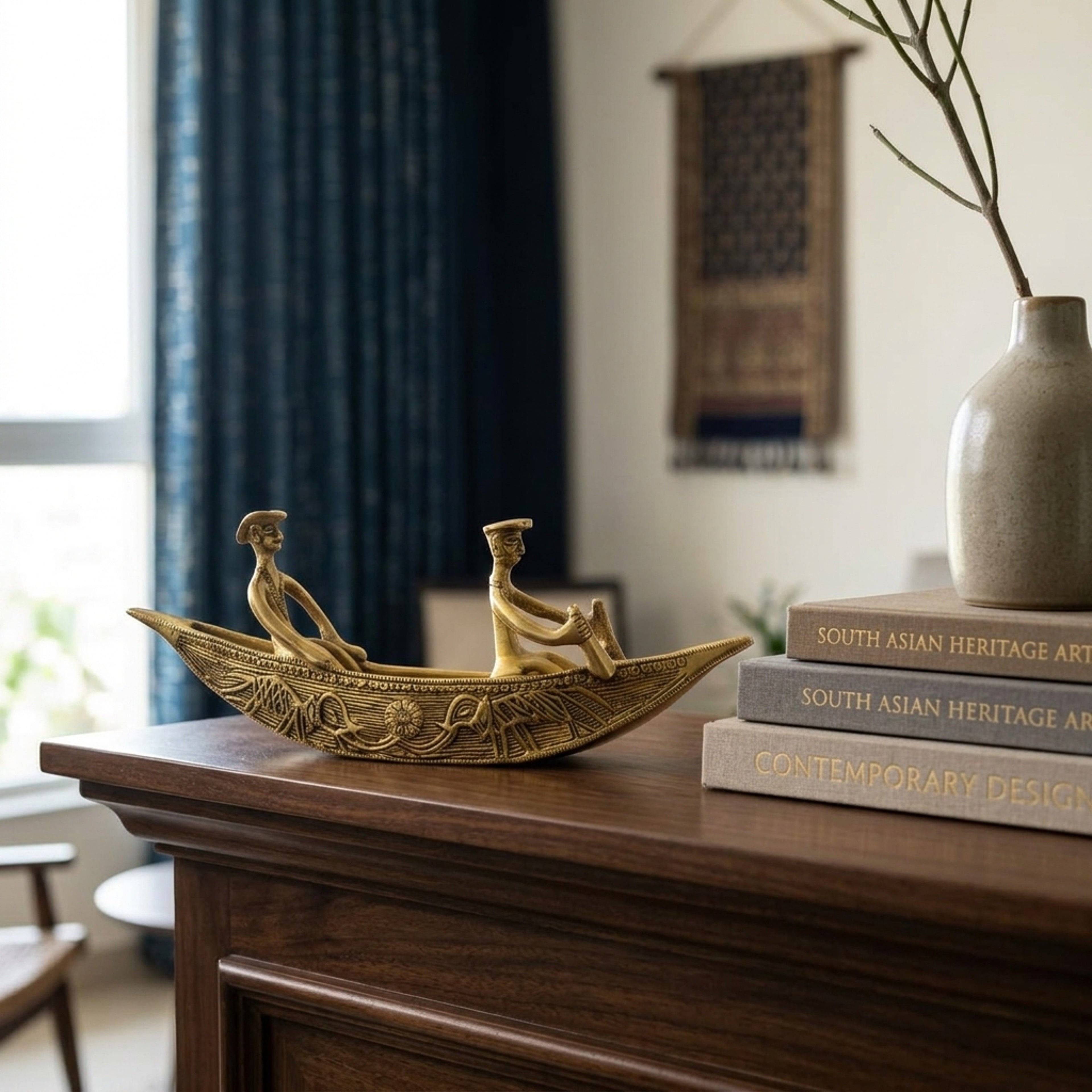 Svarn Studio Pure Brass Kerala Boat Decor Showpiece - Lifestyle collage showing Living Room and Executive Desk settings