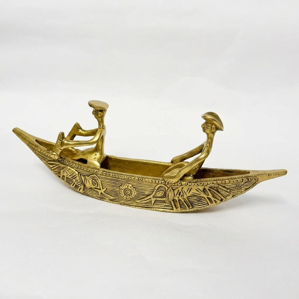 Svarn Studio Pure Brass Kerala Boat Decor Showpiece - Front angle view on white background