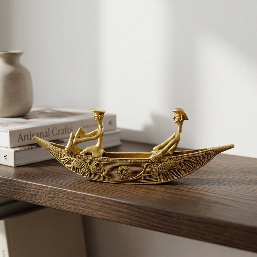 Svarn Studio Pure Brass Kerala Boat Decor Showpiece - Side view on white background