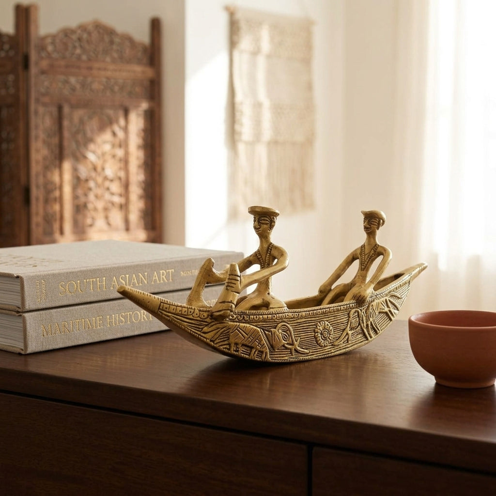Svarn Studio Pure Brass Kerala Boat Decor Showpiece - Lifestyle collage showing four premium interior settings