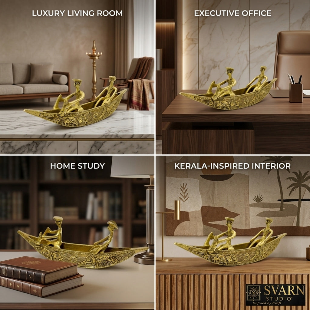 Svarn Studio Pure Brass Kerala Boat Decor Showpiece - Lifestyle collage showing Living Room and Home Study settings
