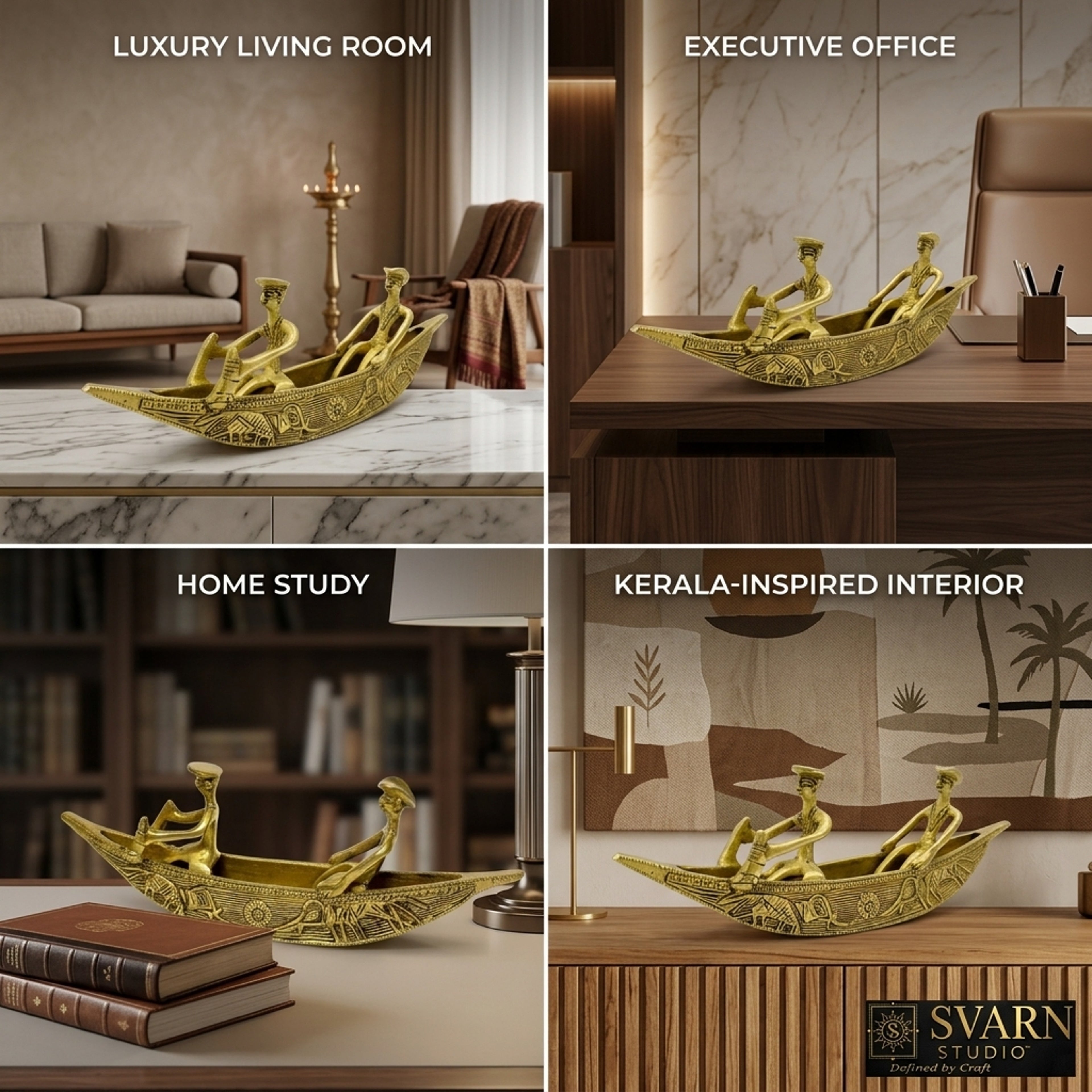 Svarn Studio Pure Brass Kerala Boat Decor Showpiece - Lifestyle collage showing Living Room and Home Study settings