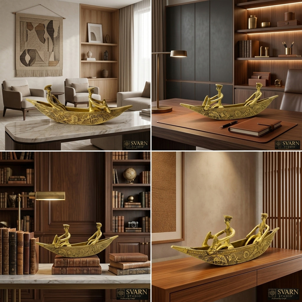 Svarn Studio Pure Brass Kerala Boat Decor Showpiece - Lifestyle collage showing Study Shelf and Kerala Contemporary settings