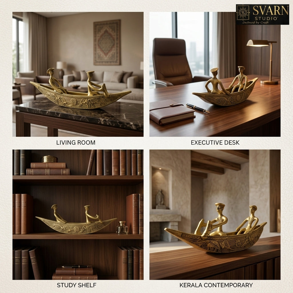 Svarn Studio Pure Brass Kerala Boat Decor Showpiece - Close-up detail of engraved boat hull and figurines