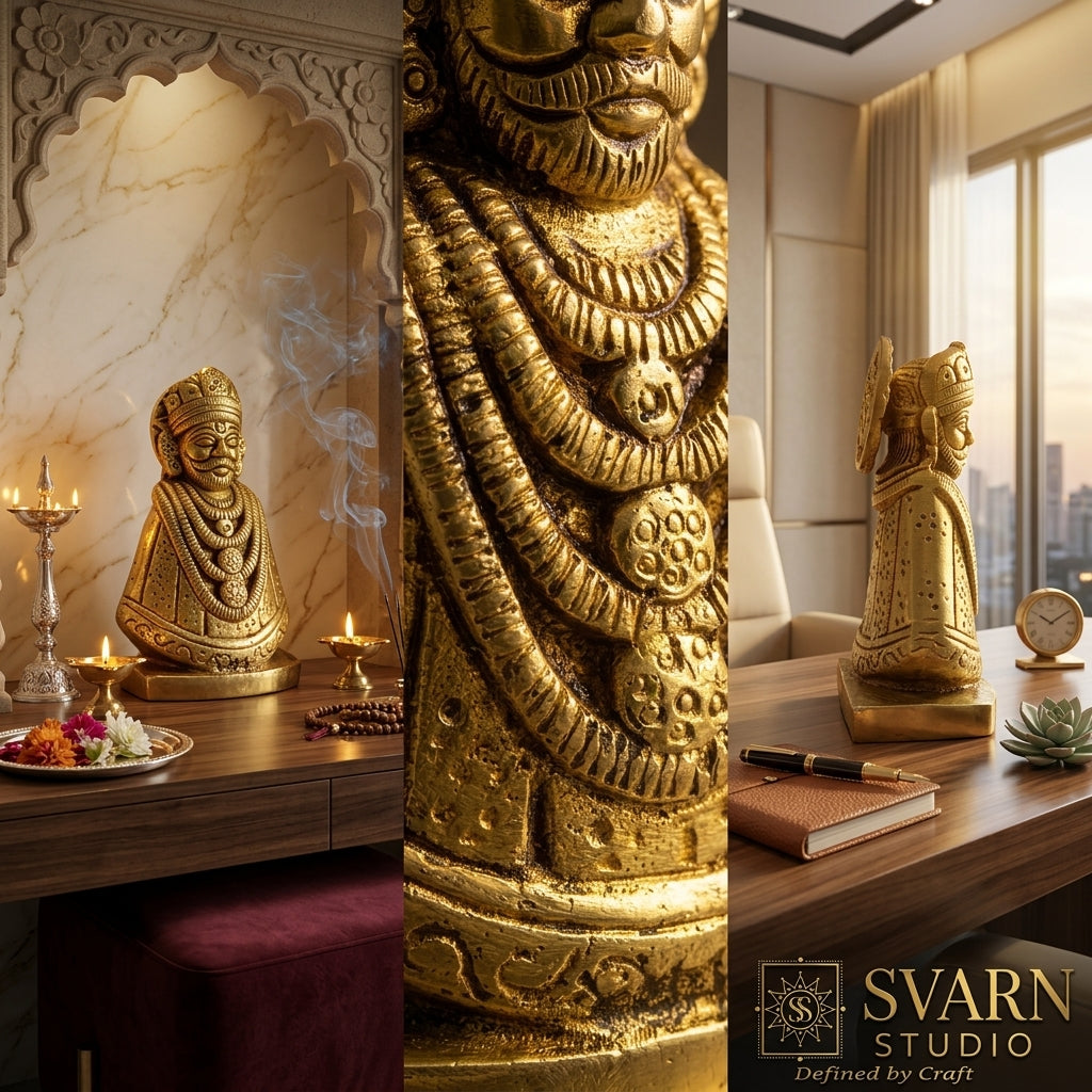 Svarn Studio Khatu Shyam Ji Brass Idol, Premium Spiritual Home Décor Statue, Antique Golden Finish, 8 cm x 5 cm, Hindu Religious Figurine for Home & Office
