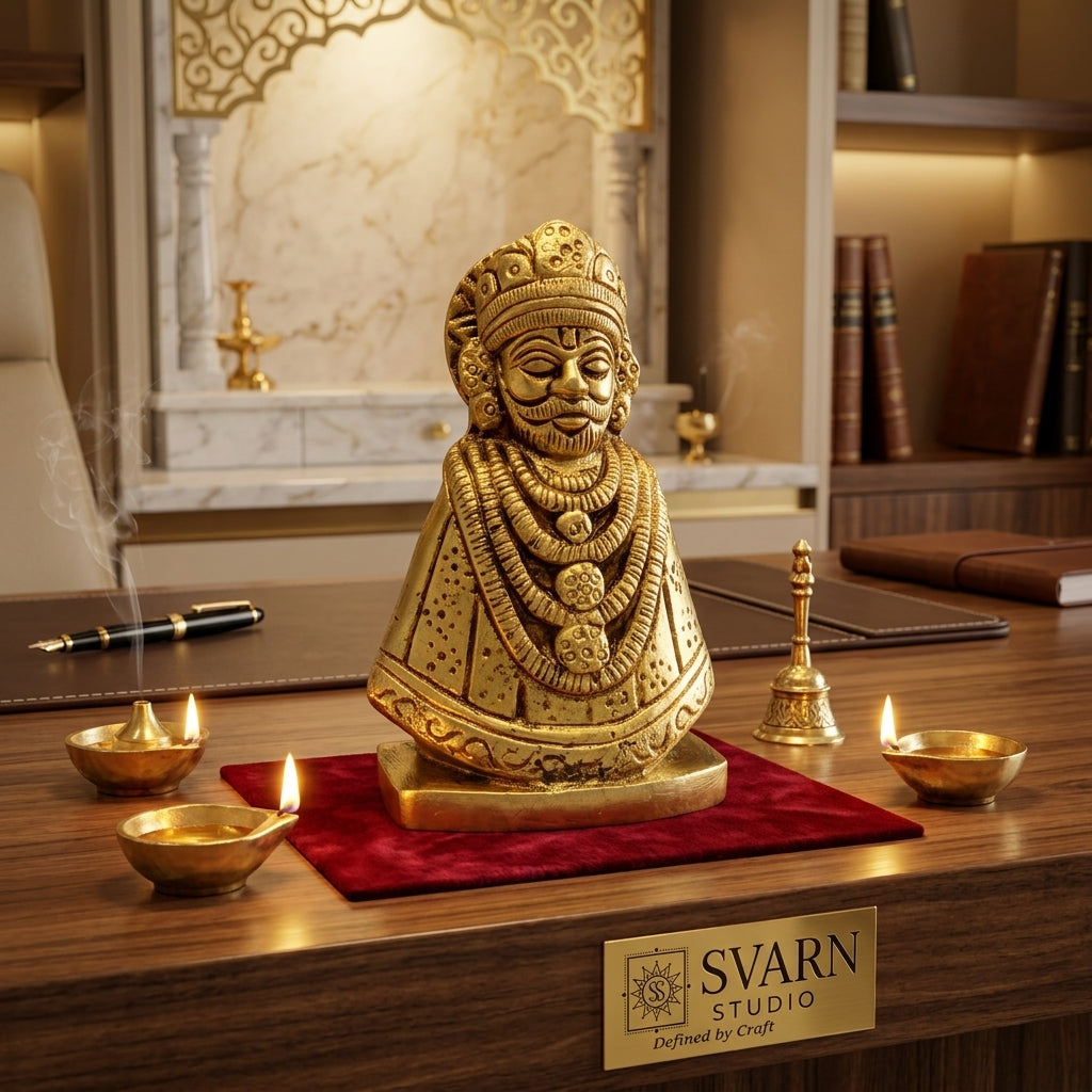 Svarn Studio Khatu Shyam Ji Brass Idol, Premium Spiritual Home Décor Statue, Antique Golden Finish, 8 cm x 5 cm, Hindu Religious Figurine for Home & Office