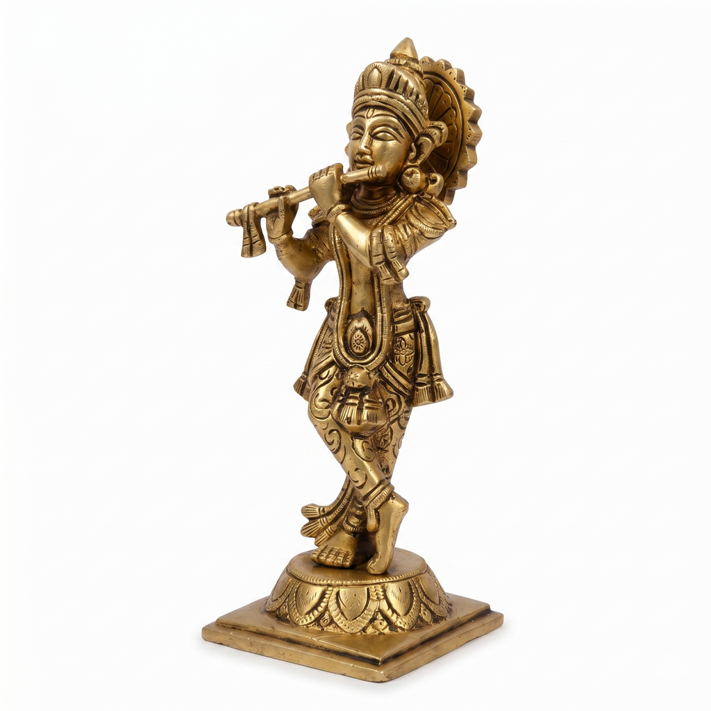 Svarn Studio Handcrafted Brass Lord Krishna Murali Idol | Flute Playing Tribhanga Statue | Antique Gold Finish | Puja Home Décor | Religious Gift | 19x10cm - Vrindavan Into Your Home
