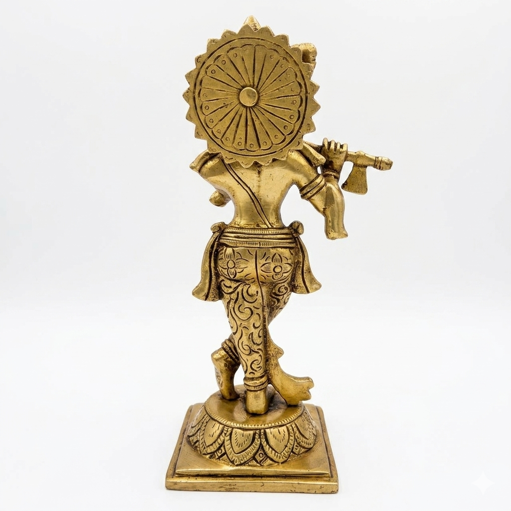 Svarn Studio Handcrafted Brass Lord Krishna Murali Idol | Flute Playing Tribhanga Statue | Antique Gold Finish | Puja Home Décor | Religious Gift | 19x10cm - Vrindavan Into Your Home