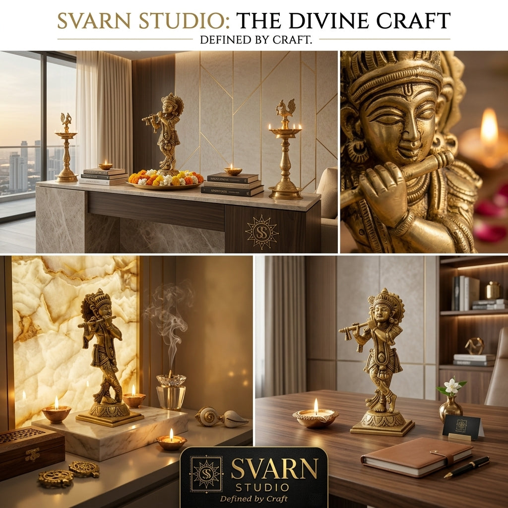 Svarn Studio Handcrafted Brass Lord Krishna Murali Idol | Flute Playing Tribhanga Statue | Antique Gold Finish | Puja Home Décor | Religious Gift | 19x10cm - Vrindavan Into Your Home