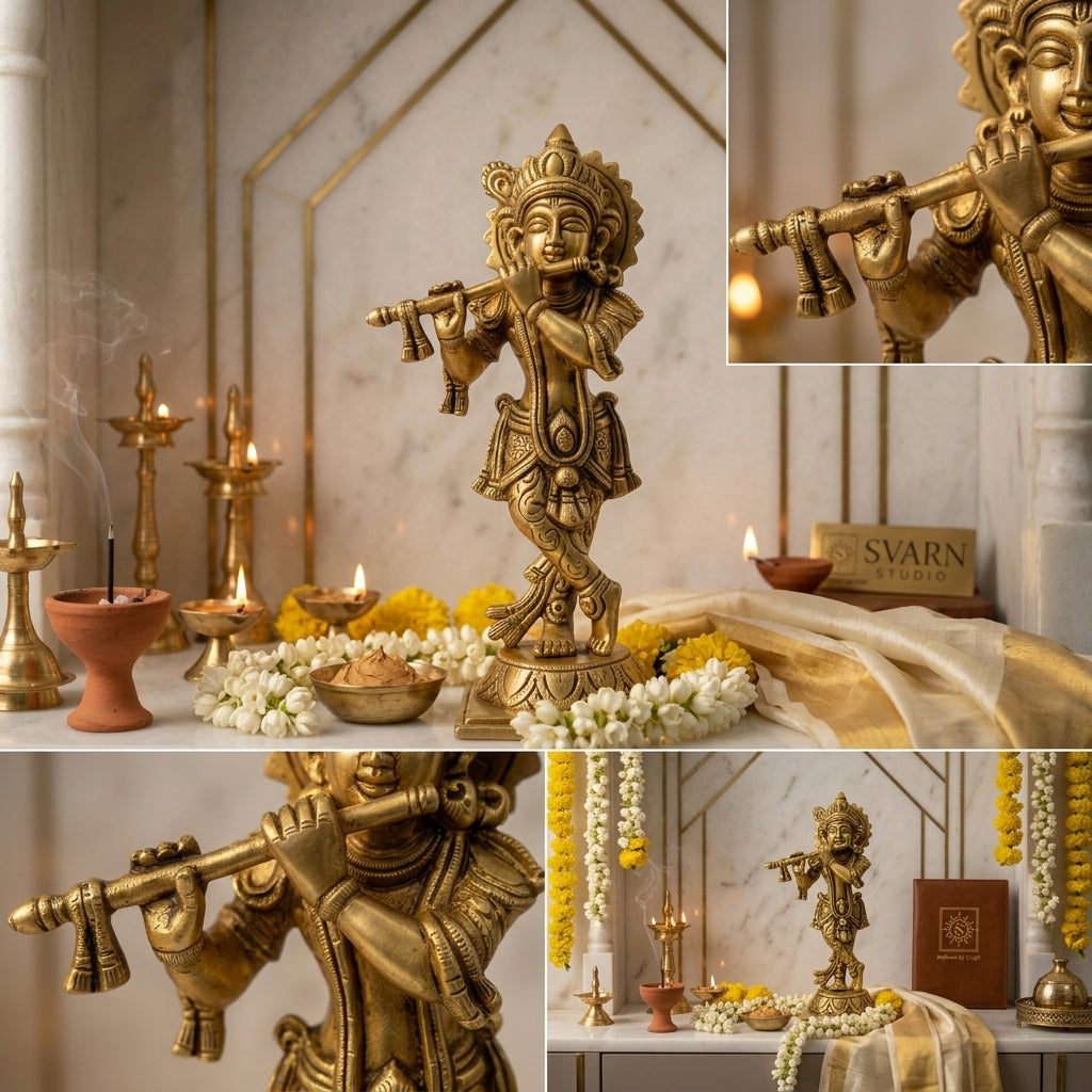 Svarn Studio Handcrafted Brass Lord Krishna Murali Idol | Flute Playing Tribhanga Statue | Antique Gold Finish | Puja Home Décor | Religious Gift | 19x10cm - Vrindavan Into Your Home