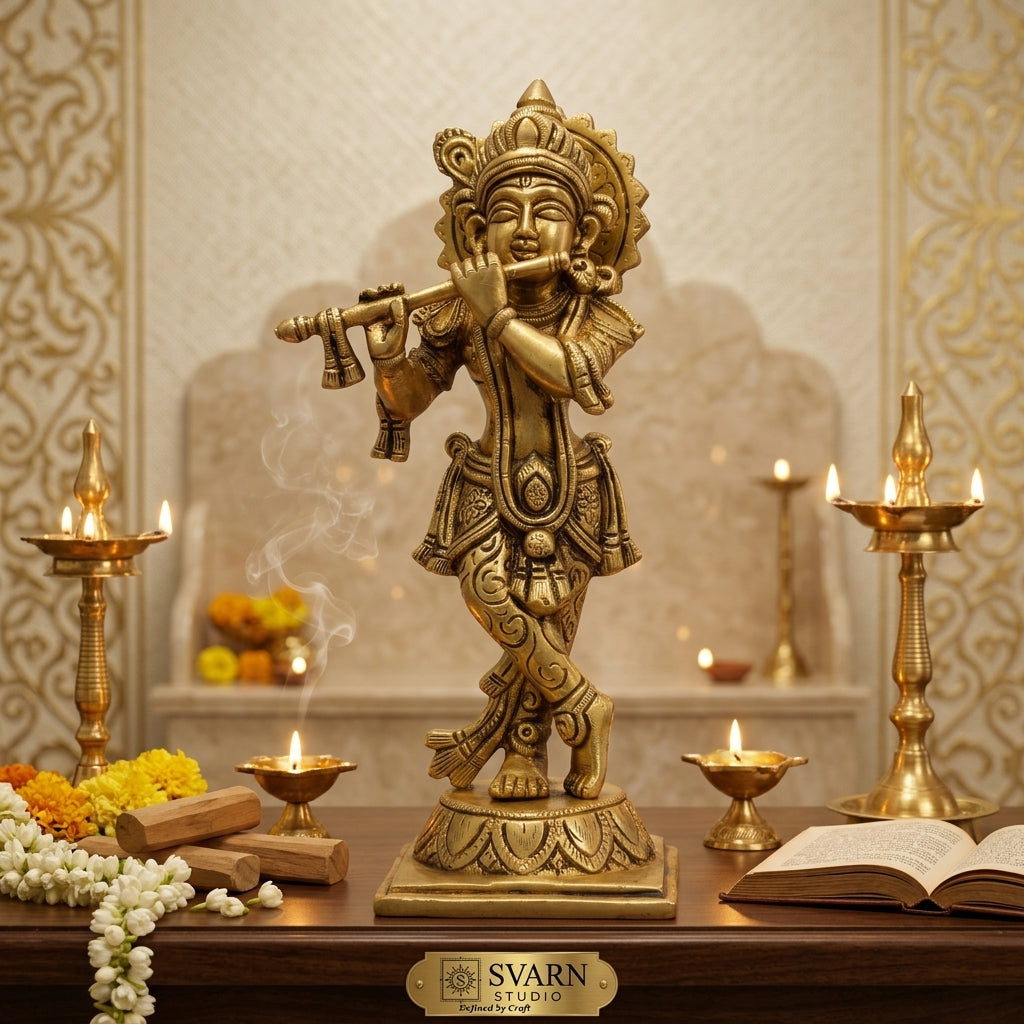 Svarn Studio Handcrafted Brass Lord Krishna Murali Idol | Flute Playing Tribhanga Statue | Antique Gold Finish | Puja Home Décor | Religious Gift | 19x10cm - Vrindavan Into Your Home