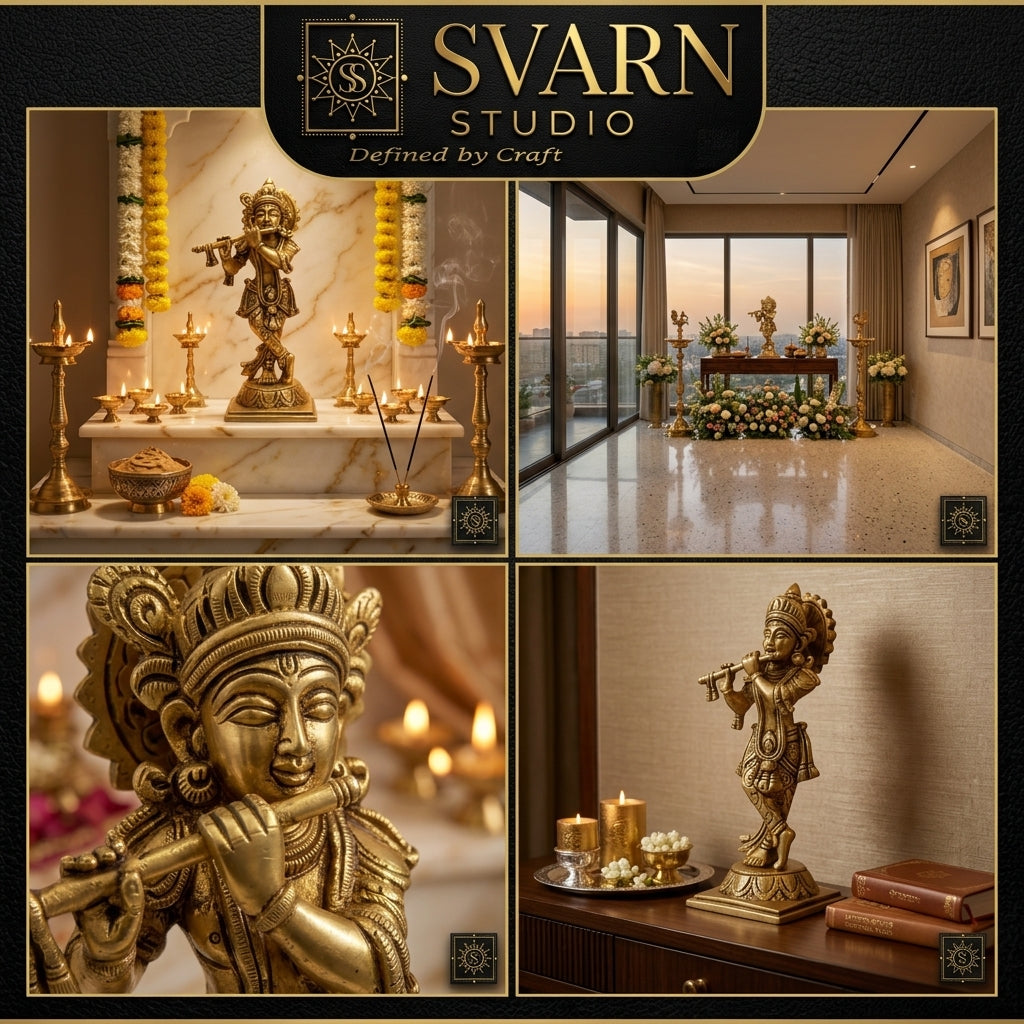 Svarn Studio Handcrafted Brass Lord Krishna Murali Idol | Flute Playing Tribhanga Statue | Antique Gold Finish | Puja Home Décor | Religious Gift | 19x10cm - Vrindavan Into Your Home