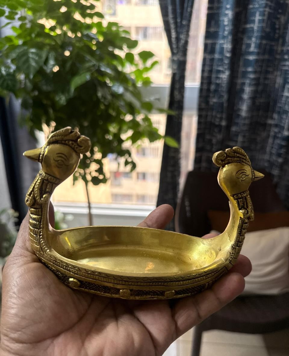 Krishna Nauka Vihar | Brass Bowl Tray with Ornamental Bird Handles | Handcrafted Home Décor