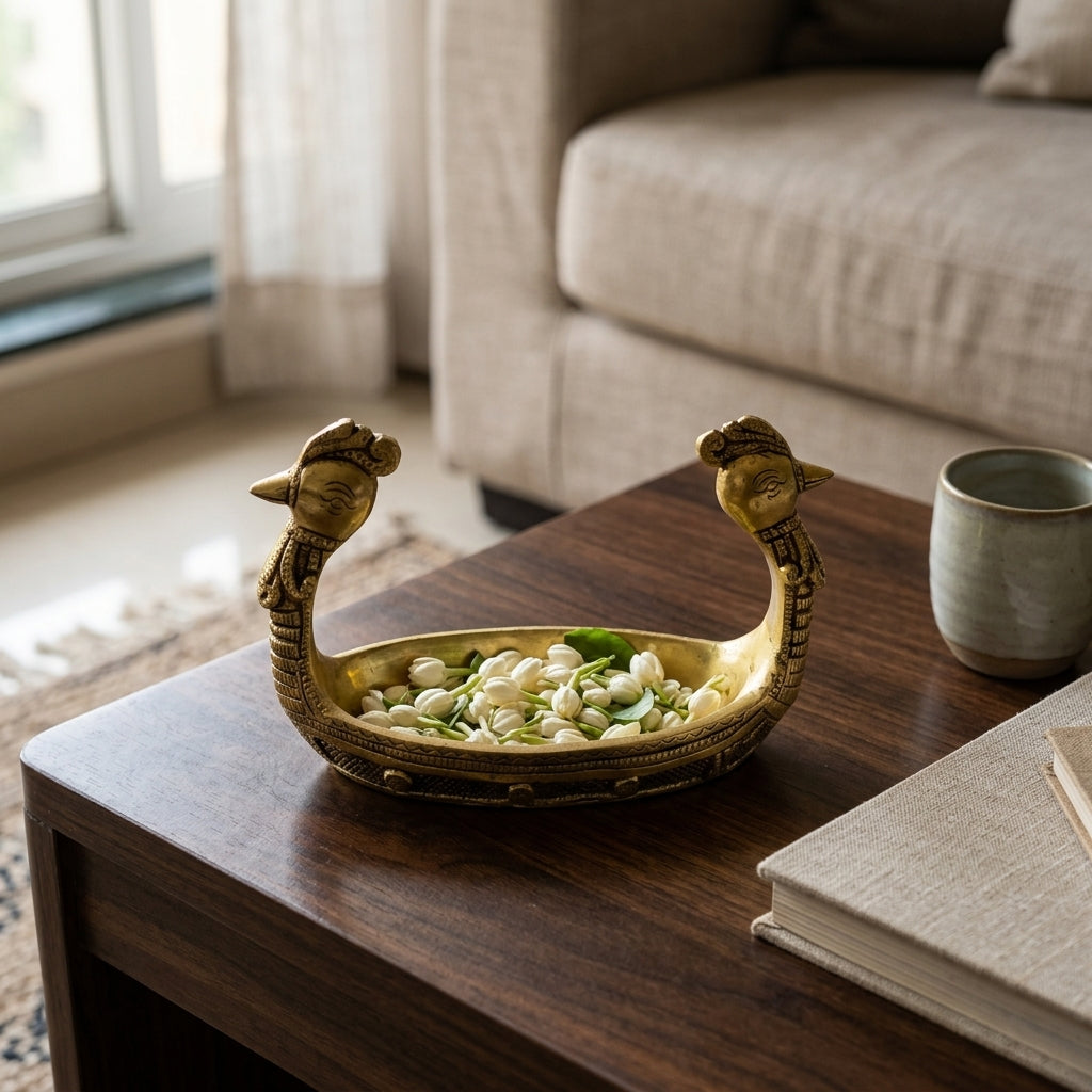 Krishna Nauka Vihar | Brass Bowl Tray with Ornamental Bird Handles | Handcrafted Home Décor