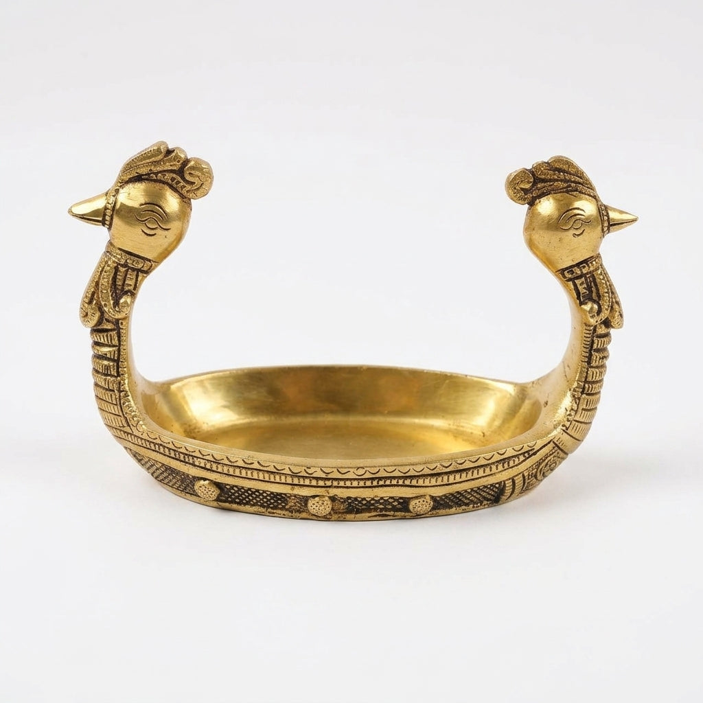 Krishna Nauka Vihar | Brass Bowl Tray with Ornamental Bird Handles | Handcrafted Home Décor