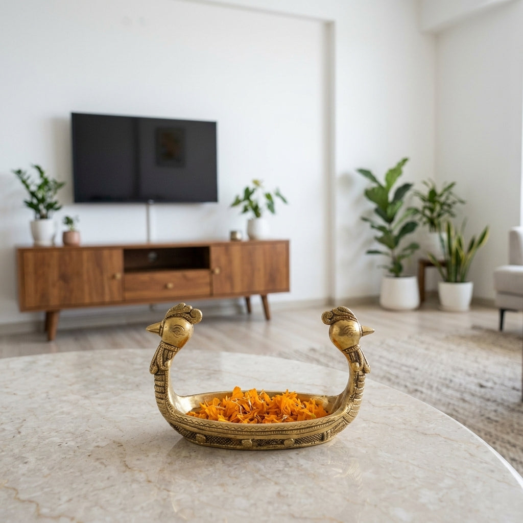 Krishna Nauka Vihar | Brass Bowl Tray with Ornamental Bird Handles | Handcrafted Home Décor