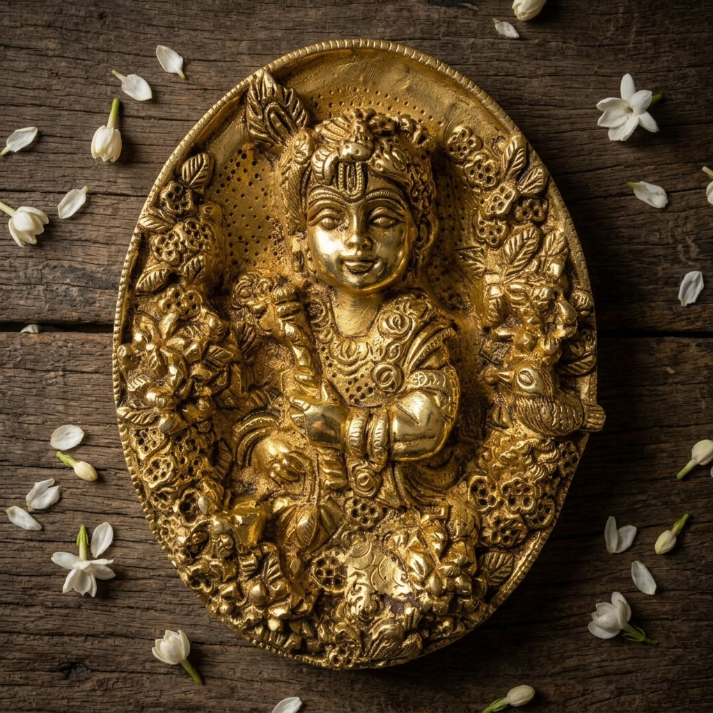 Svarn Studio Brass Bal Krishna Oval Wall Decor Plate - Four lifestyle settings collage including foyer, pooja room, living room, and nursery