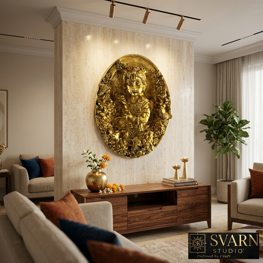 Svarn Studio Brass Bal Krishna Oval Wall Decor Plate - Five lifestyle settings collage including living room, foyer, pooja room, study, and nursery