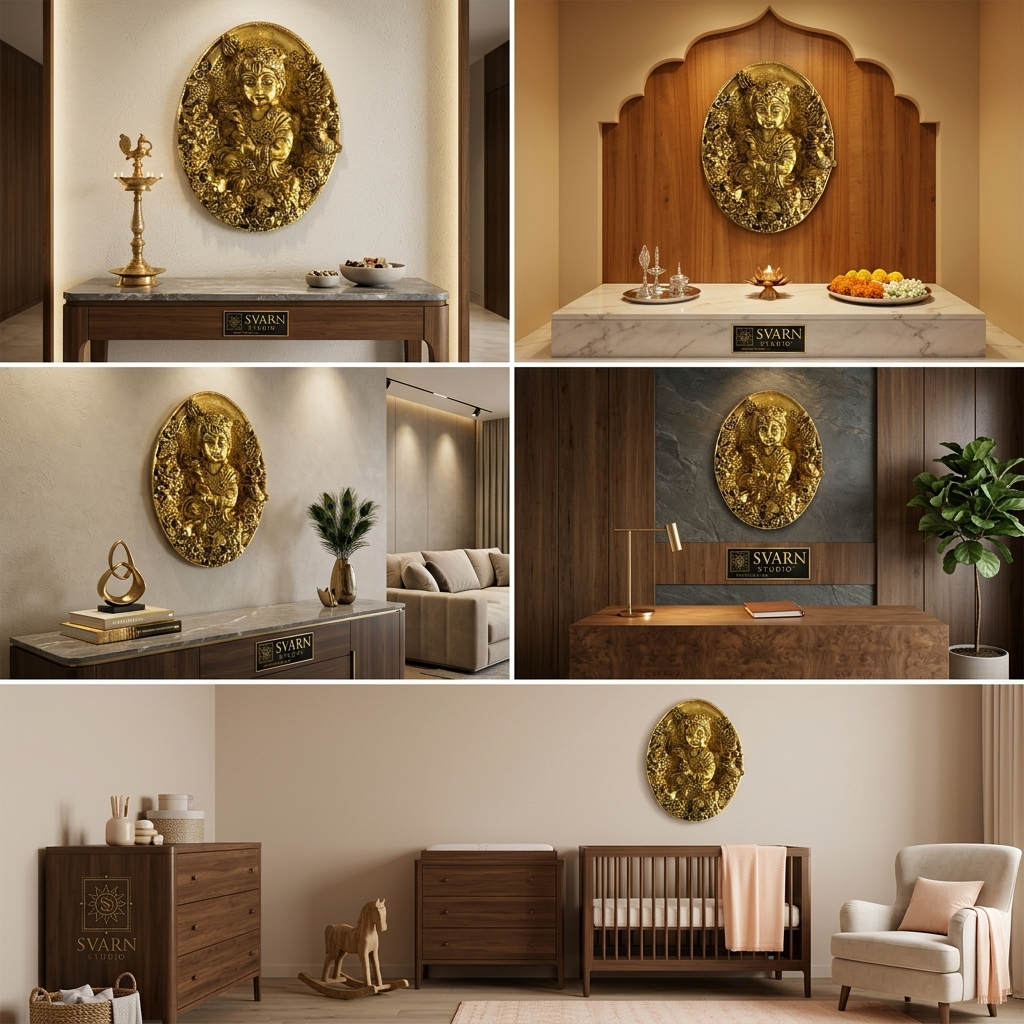 Svarn Studio Brass Bal Krishna Oval Wall Decor Plate - Five framed lifestyle settings collage including living room, foyer, pooja room, office, and nursery