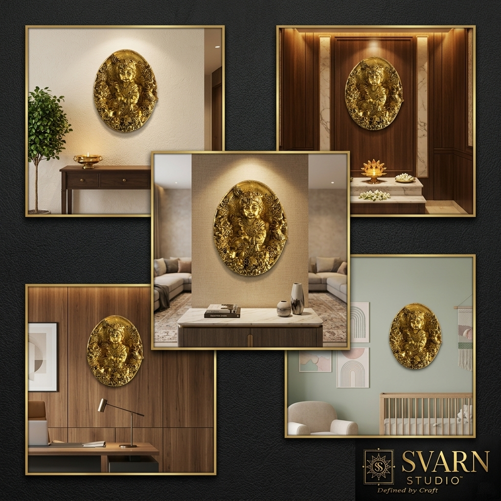 Svarn Studio Brass Bal Krishna Oval Wall Decor Plate - Five lifestyle settings collage including foyer, pooja room, living room, office reception, and nursery