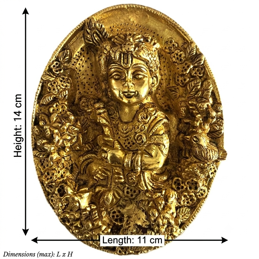 Svarn Studio Brass Bal Krishna Oval Wall Decor Plate - Measurement diagram showing 11cm length and 14cm height
