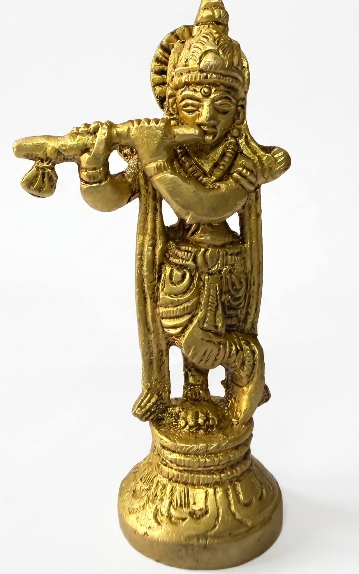 Svarn Studio Brass Krishna Idol Standing with Bansuri | Solid Brass Murli Krishna Murti Tribhanga Pose | Antique Gold Finish | Home Mandir Pooja Decor | Festival, Janmashtami & Religious Gift, 9 cm