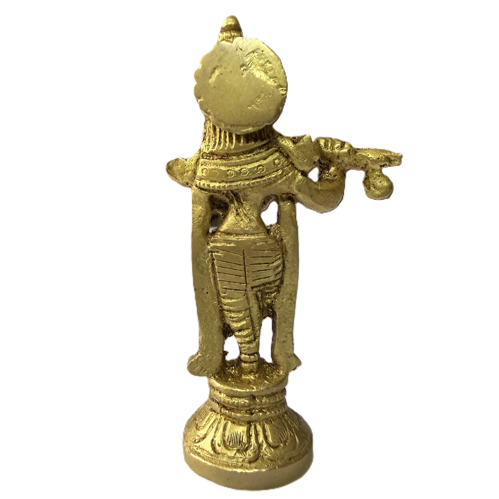 Svarn Studio Brass Krishna Idol Standing with Bansuri | Solid Brass Murli Krishna Murti Tribhanga Pose | Antique Gold Finish | Home Mandir Pooja Decor | Festival, Janmashtami & Religious Gift, 9 cm