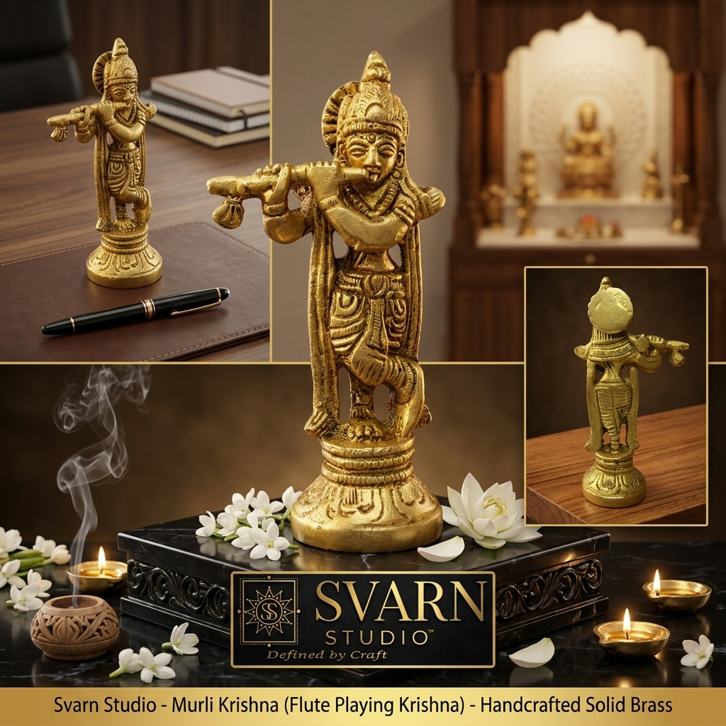 Svarn Studio Brass Krishna Idol Standing with Bansuri | Solid Brass Murli Krishna Murti Tribhanga Pose | Antique Gold Finish | Home Mandir Pooja Decor | Festival, Janmashtami & Religious Gift, 9 cm