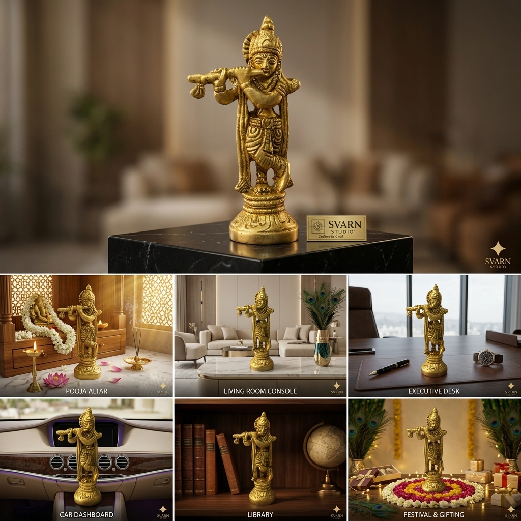 Svarn Studio Brass Krishna Idol Standing with Bansuri | Solid Brass Murli Krishna Murti Tribhanga Pose | Antique Gold Finish | Home Mandir Pooja Decor | Festival, Janmashtami & Religious Gift, 9 cm