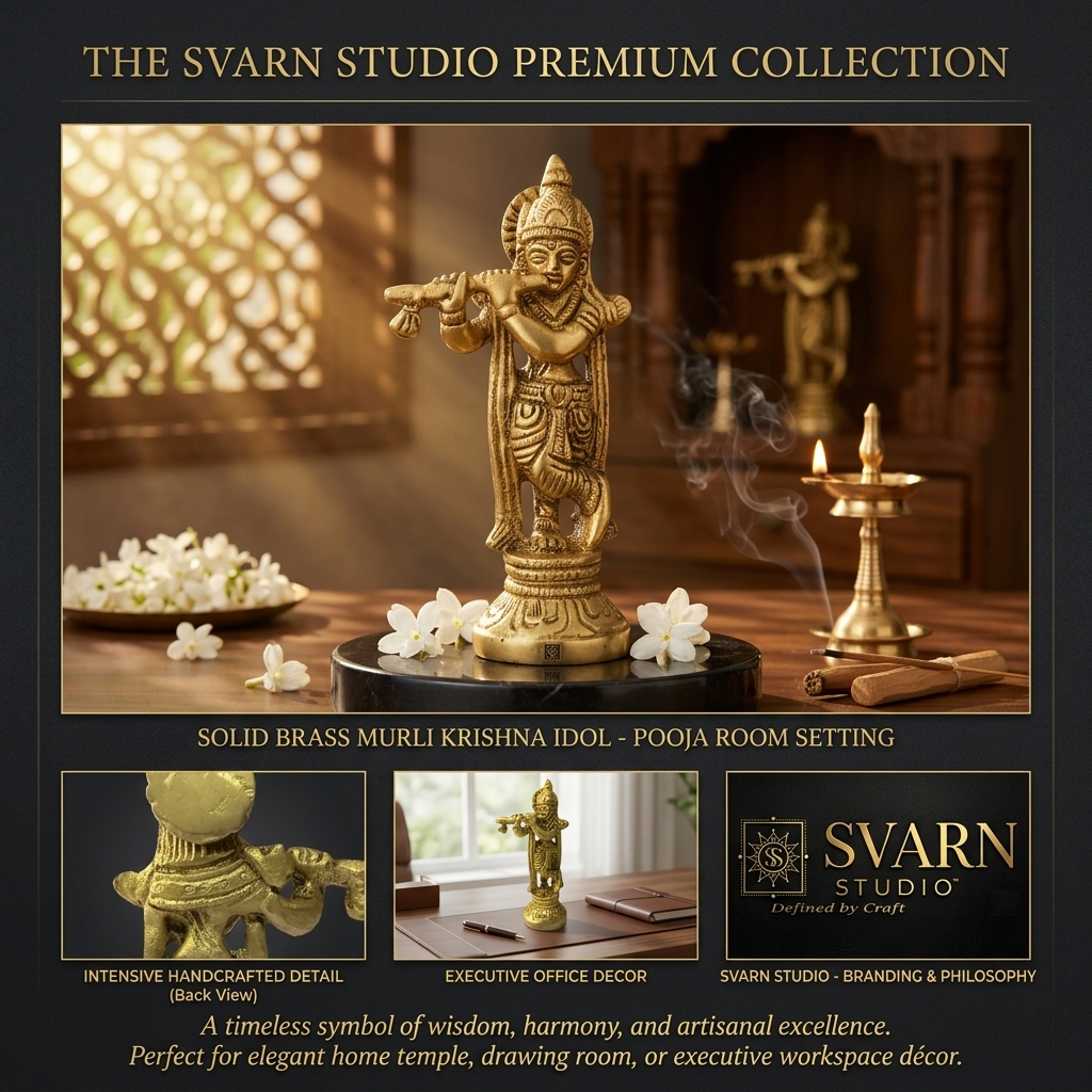 Svarn Studio Brass Krishna Idol Standing with Bansuri | Solid Brass Murli Krishna Murti Tribhanga Pose | Antique Gold Finish | Home Mandir Pooja Decor | Festival, Janmashtami & Religious Gift, 9 cm