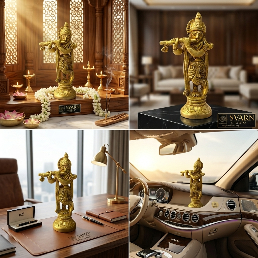 Svarn Studio Brass Krishna Idol Standing with Bansuri | Solid Brass Murli Krishna Murti Tribhanga Pose | Antique Gold Finish | Home Mandir Pooja Decor | Festival, Janmashtami & Religious Gift, 9 cm