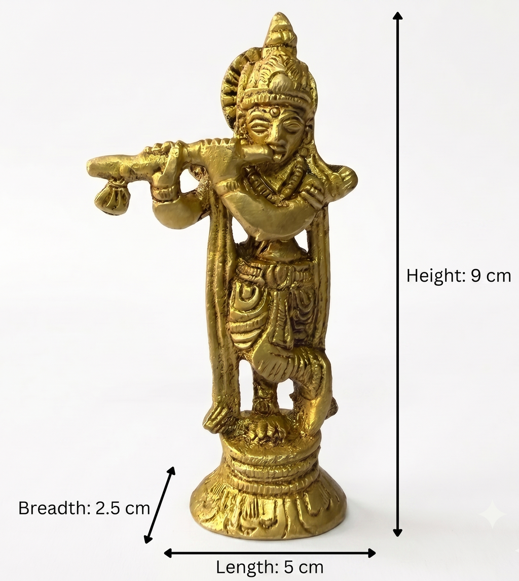 Svarn Studio Brass Krishna Idol Standing with Bansuri | Solid Brass Murli Krishna Murti Tribhanga Pose | Antique Gold Finish | Home Mandir Pooja Decor | Festival, Janmashtami & Religious Gift, 9 cm