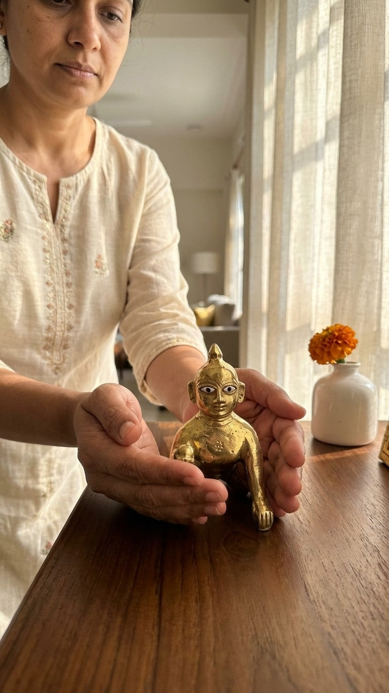 Pure Brass Laddo Gopal Idol | Handcrafted Baby Krishna Figurine | Svarn Studio