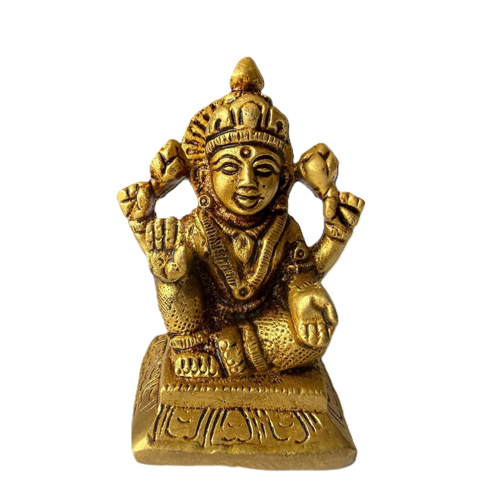 Svarn Studio Brass Goddess Lakshmi Idol Seated on Engraved Pedestal | Four-Armed Lakshmi Murti with Lotus, Abhaya & Varada Mudra | Handcrafted Puja Statue | 7 cm Height | Home Temple & Gift Decor