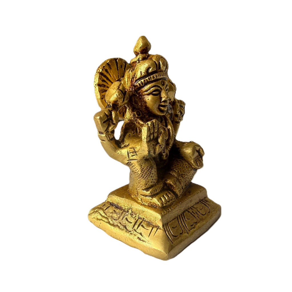 Svarn Studio Brass Goddess Lakshmi Idol Seated on Engraved Pedestal | Four-Armed Lakshmi Murti with Lotus, Abhaya & Varada Mudra | Handcrafted Puja Statue | 7 cm Height | Home Temple & Gift Decor