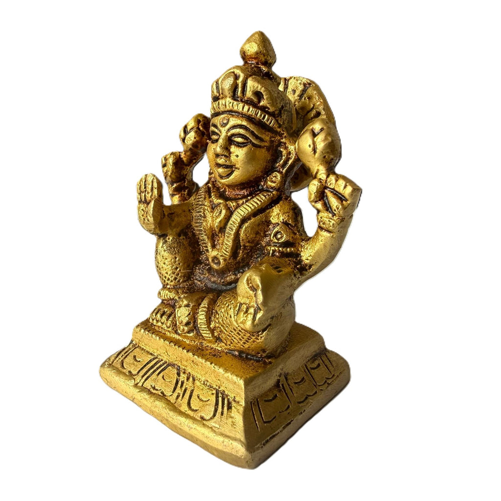 Svarn Studio Brass Goddess Lakshmi Idol Seated on Engraved Pedestal | Four-Armed Lakshmi Murti with Lotus, Abhaya & Varada Mudra | Handcrafted Puja Statue | 7 cm Height | Home Temple & Gift Decor