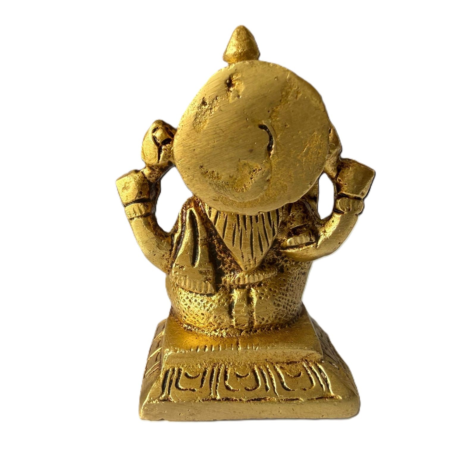 Svarn Studio Brass Goddess Lakshmi Idol Seated on Engraved Pedestal | Four-Armed Lakshmi Murti with Lotus, Abhaya & Varada Mudra | Handcrafted Puja Statue | 7 cm Height | Home Temple & Gift Decor