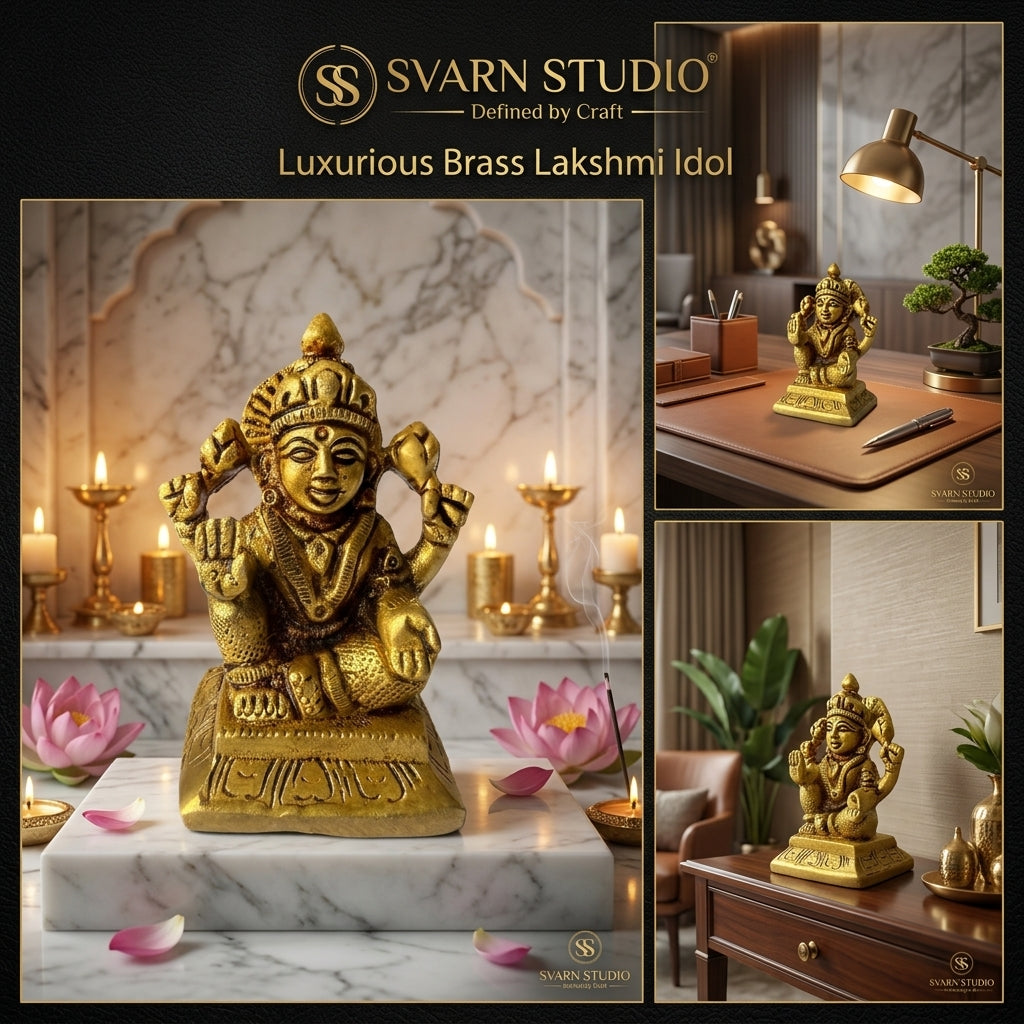 Svarn Studio Brass Goddess Lakshmi Idol Seated on Engraved Pedestal | Four-Armed Lakshmi Murti with Lotus, Abhaya & Varada Mudra | Handcrafted Puja Statue | 7 cm Height | Home Temple & Gift Decor