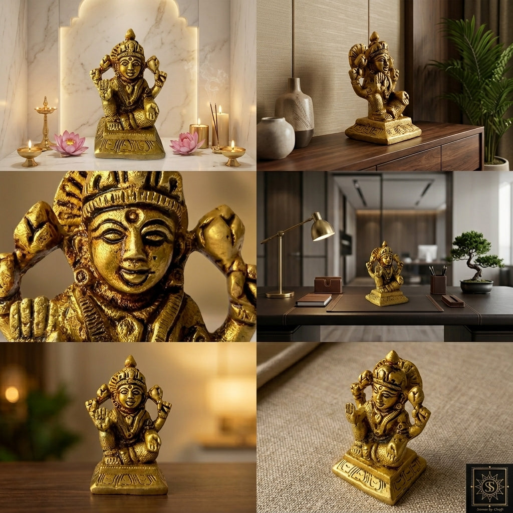 Svarn Studio Brass Goddess Lakshmi Idol Seated on Engraved Pedestal | Four-Armed Lakshmi Murti with Lotus, Abhaya & Varada Mudra | Handcrafted Puja Statue | 7 cm Height | Home Temple & Gift Decor
