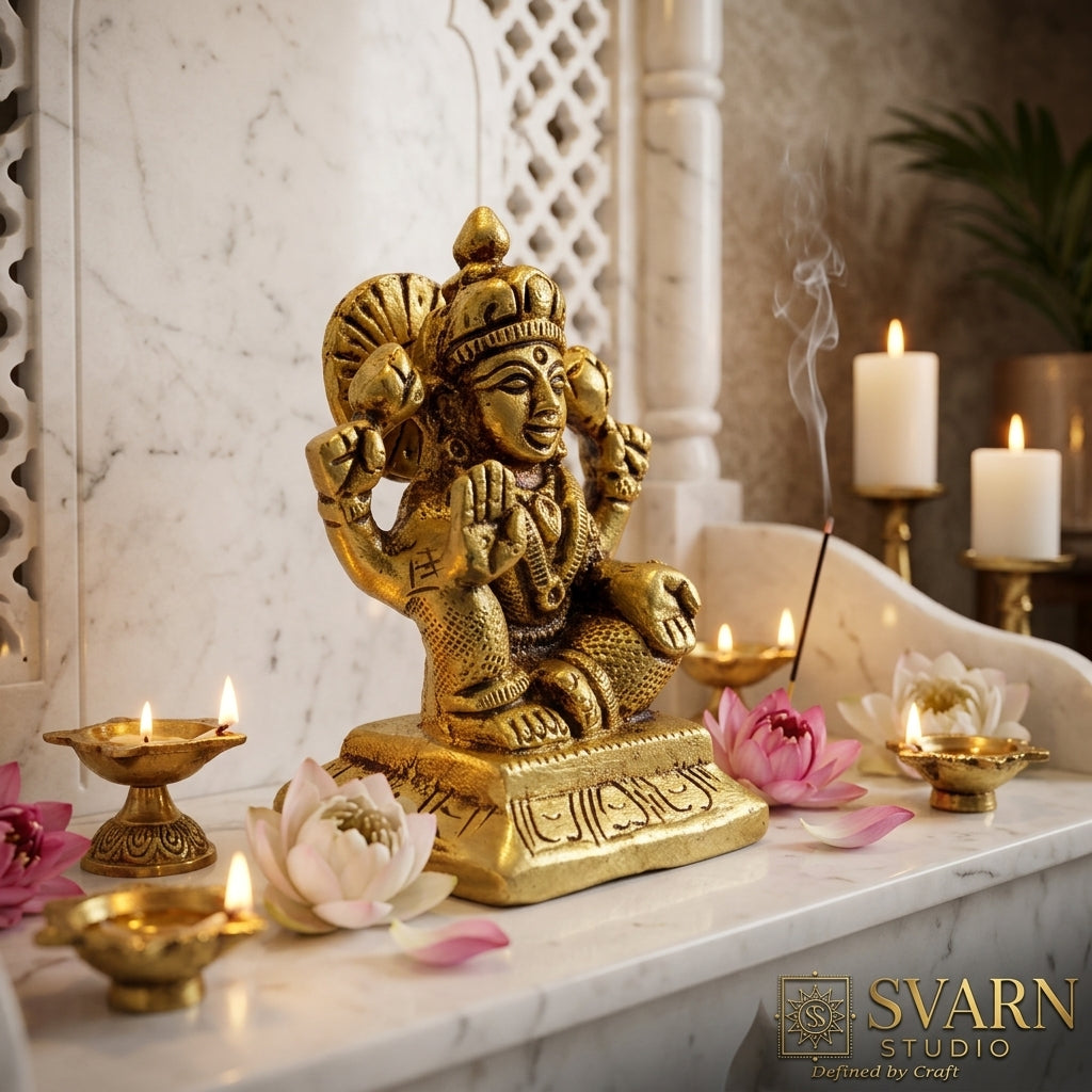 Svarn Studio Brass Goddess Lakshmi Idol Seated on Engraved Pedestal | Four-Armed Lakshmi Murti with Lotus, Abhaya & Varada Mudra | Handcrafted Puja Statue | 7 cm Height | Home Temple & Gift Decor